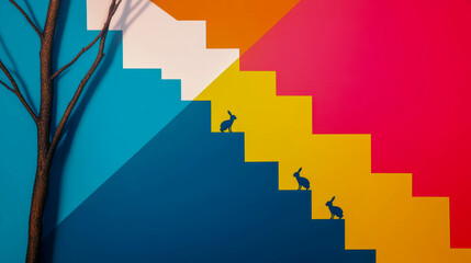 Fototapeta premium Three rabbits ascending colorful staircases against a vibrant geometric background with abstract art elements