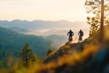 Obraz premium Two mountain bikers ride along a scenic trail with a misty landscape in the background.