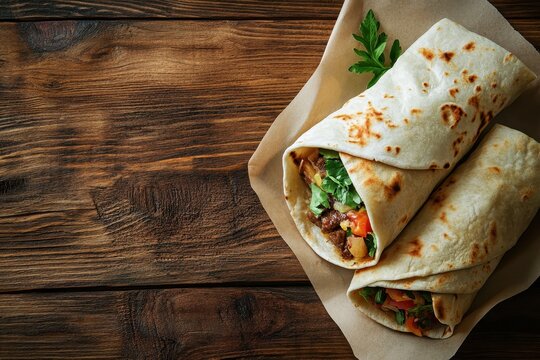 Fototapeta Two meat filled pitas grab and go street food Greek Turkish cuisine on a wood surface with space for text