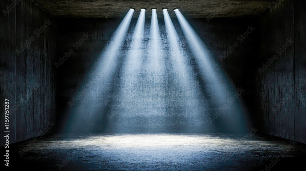 Poster a dramatic illuminated scene in a dark, empty room with multiple beams of light shining through the 