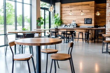 Modern caf? interior featuring wooden furniture and large windows for natural light.
