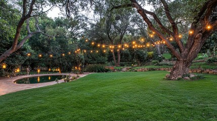 Obraz premium Serene backyard at dusk, illuminated by string lights, lush lawn, and tranquil pool.