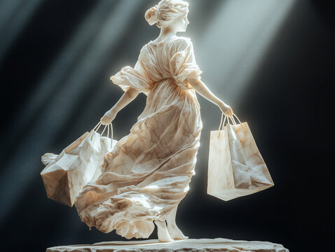 Sculpture marbre d'une femme marchant en tenant un grand cabas de courses : symbolisme de la décadence occidentale de la surconsommation, consumérisme, achat compulsif, addiction au shopping