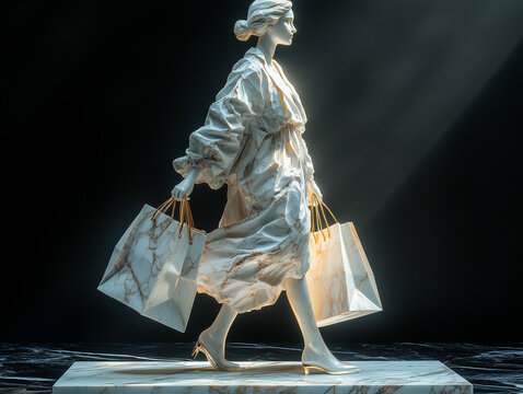Sculpture marbre d'une femme marchant en tenant un grand cabas de courses : symbolisme de la décadence occidentale de la surconsommation, consumérisme, achat compulsif, addiction au shopping