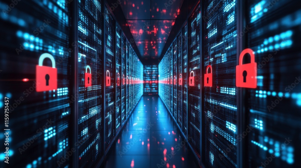 Poster secure cybersecurity room with animated lock graphics