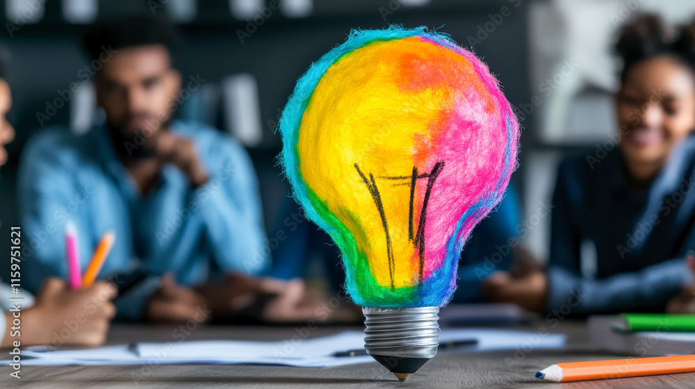 Poster creative brainstorming session featuring a colorful light bulb symbolizing ideas and innovation in a