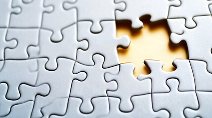 Above view of white jigsaw puzzle with one missing piece, texture background or wallpaper