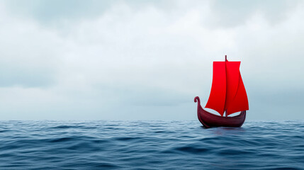 A lone Viking ship with a striking red sail navigating the calm ocean waters under a moody sky