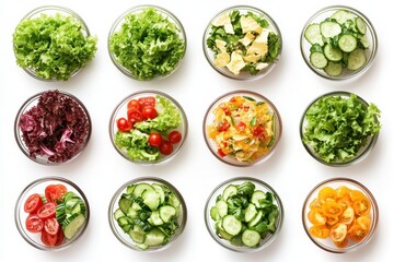 Variety of salads displayed on white background overhead perspective