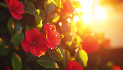 Vibrant red camellia flowers bathed in warm golden sunlight, creating a serene and beautiful springtime scene.
