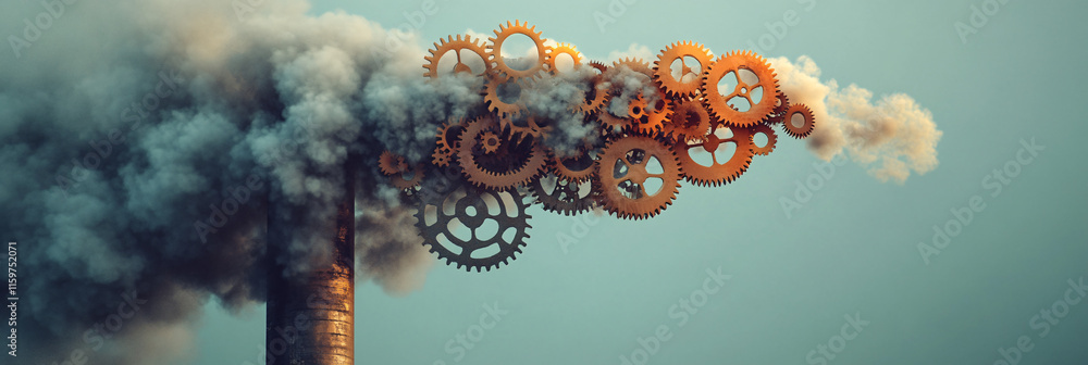 Poster a smokestack emitting smoke that transforms into a series of abstract gears and cogs, symbolizing th