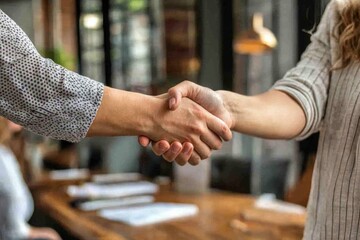 Two people shaking hands in a professional setting, symbolizing agreement or collaboration.