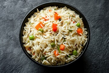 Vegetarian Szechuan rice with bell peppers green beans and carrots in a black bowl against a dark background Aerial perspective