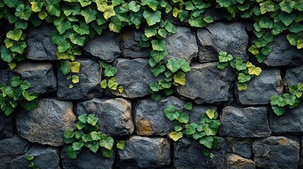 Lush Green Vines Climbing Dark Stone Wall