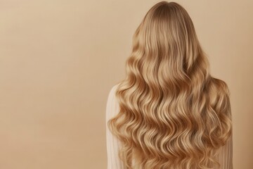 Naklejka premium Very appealing blonde with long vibrant curly hair against a beige background and ample empty space