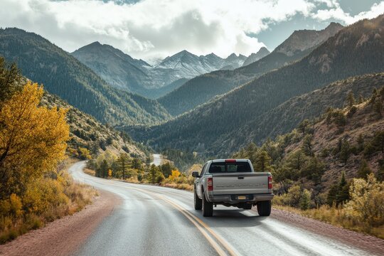 Vehicles traveling on a scenic mountain road back view of a pickup on a twisting path