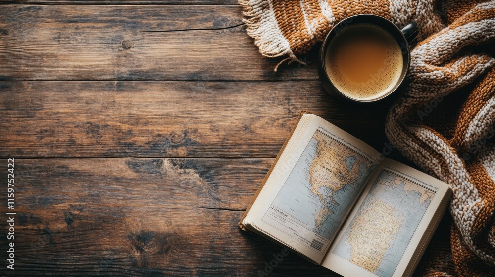 Leinwandbilder enjoying a cozy coffee moment with an open travel guide before a weekend adventure in an inviting sp