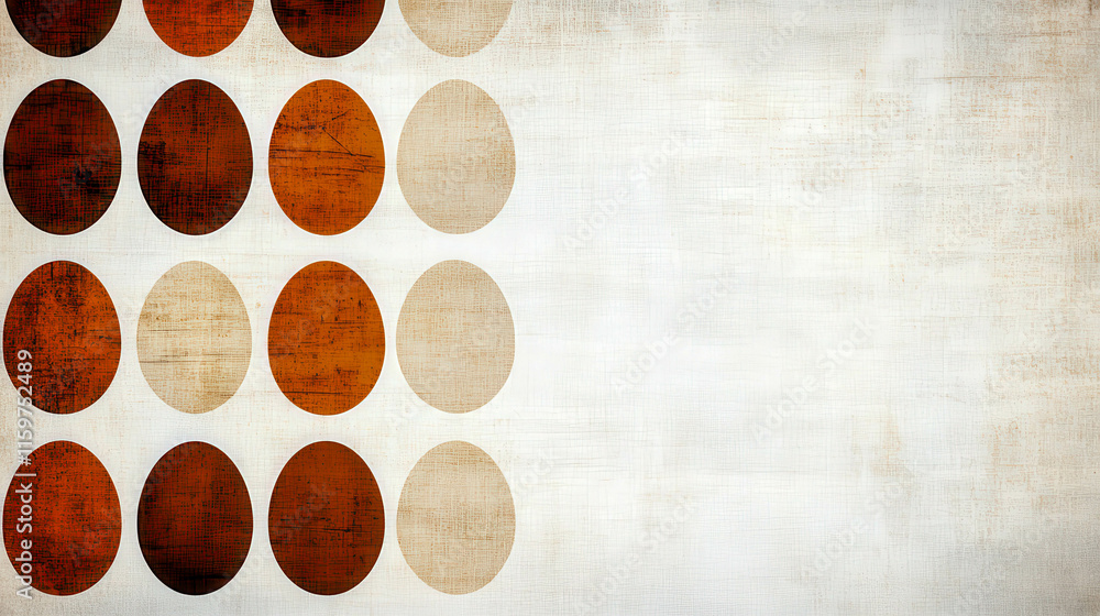 Poster abstract pattern of textured circles with earthy tones on a softly lit background, creating a warm a