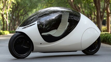 Futuristic white electric single-seater vehicle on road.