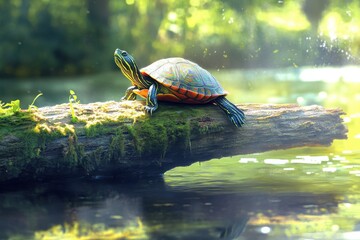 Vivid photorealistic painting of basking turtle in scenic pond