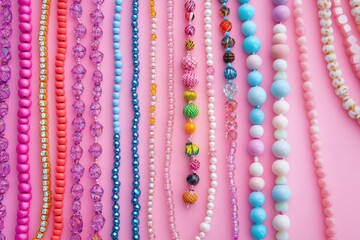 Vibrant handmade necklaces friendship bands and assorted plastic beads on a soft pink surface Top view