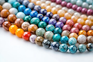 Vibrant natural stone beads on a white backdrop Isolated jewelry detail Mineral textures and energy beaded necklaces rock