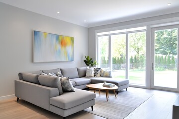 Modern living room with a cozy sofa, artwork, and natural light.