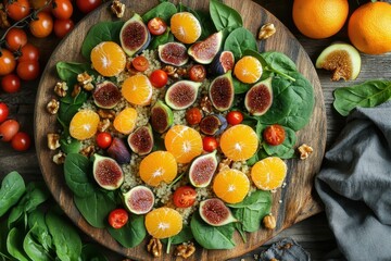 Vibrant summer salad featuring spinach orange cherry tomatoes walnuts figs quinoa and clementines presented on a wooden board with a rustic napkin viewed from a