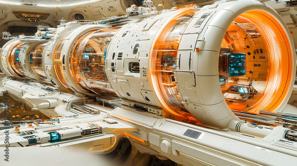 Poster futuristic space station orbiting distant planet advanced spacecraft docking undocking station intri