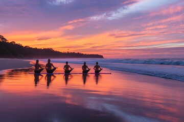 Silhouetted figures practicing yoga on a beach at sunset, reflecting tranquility and connection.