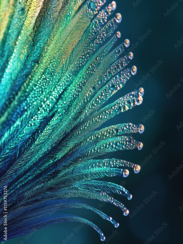 Leinwandbilder close up view of a vibrant peacock feather adorned with shimmering dew drops and ample copy space fo