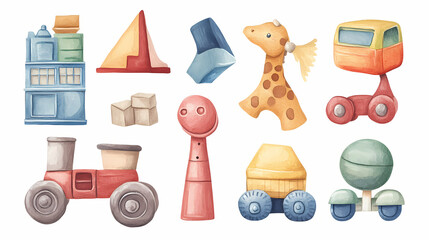 Nostalgic retro toy stickers in watercolor vintage charm. Wistful. Illustration