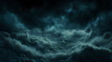 Obraz premium Dramatic stormy ocean waves at night, dark moody seascape, turbulent water texture.