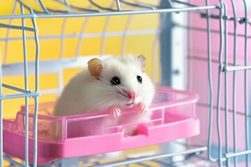 White dwarf hamster with pearl coloring biting its cage
