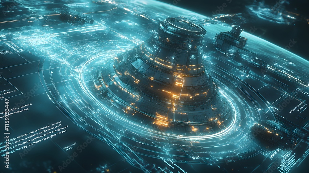 Poster futuristic space station orbiting distant planet advanced spacecraft docking undocking station intri