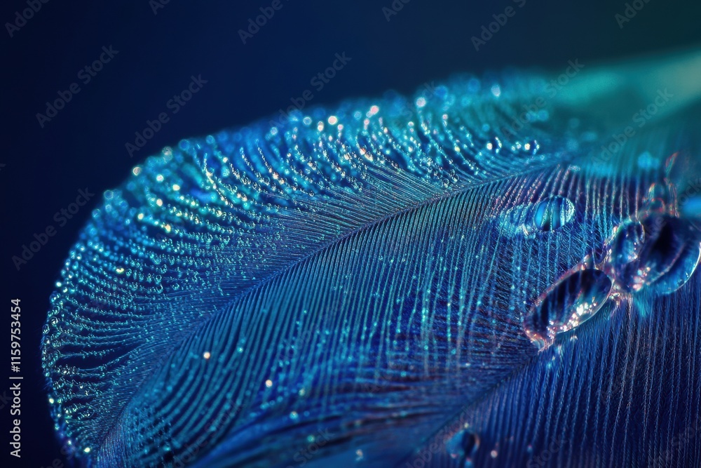 Aufkleber close up view of a vibrant peacock feather glistening with dew drops on a serene morning. generative
