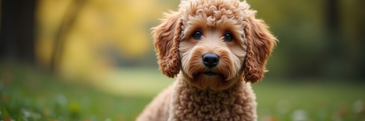Fototapeta premium Adorable Lagotto Romagnolo puppy with curly fur and big eyes sitting in a grassy park on a sunny autumn day perfect for pet lovers or heartwarming design projects