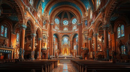 Obraz premium A stunning interior view of a grand church featuring ornate architecture and stained glass.