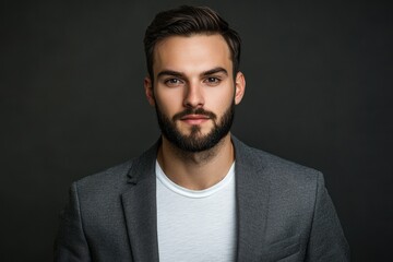 Fototapeta premium Young attractive European businessman front view Beard and dark hair wearing a casual jacket Isolated on dark gray background studio shot