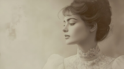 Sepiatoned portrait of elegant victorian lady intricate lace collar upswept hair wistful expression soft focus antique frame faded edges. Wistful. Illustration