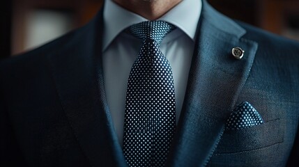 Close-up of a man in a navy blue suit, white shirt, and patterned tie.