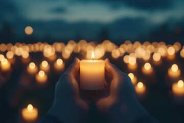 Hands holding a lit candle during a vigil in the evening