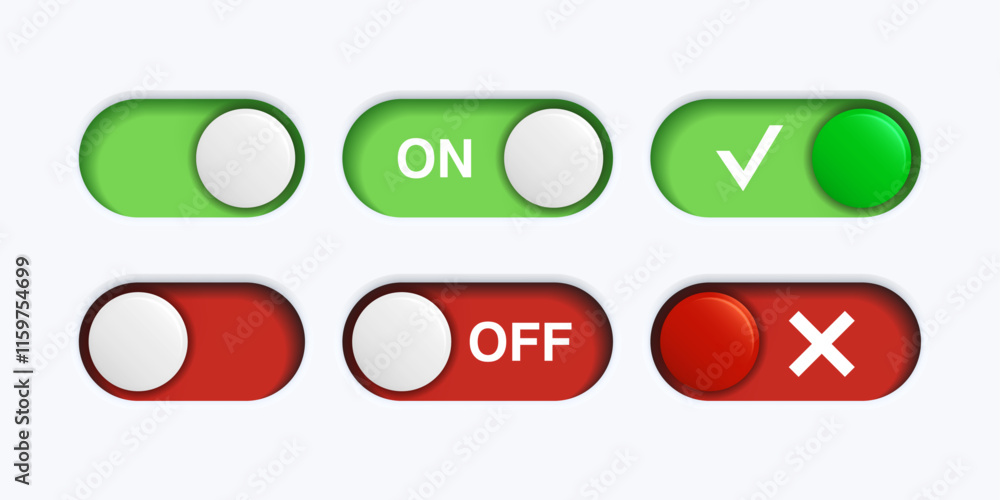 Poster on and off toggle switch buttons with lettering, tick and cross. green and red ui mockup on white ba