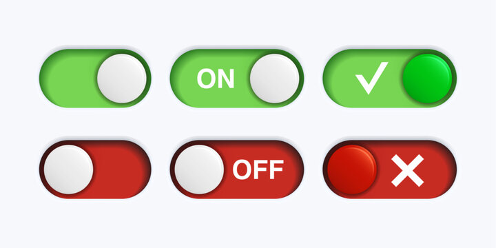 On and Off Toggle Switch Buttons with Lettering, Tick and Cross. Green and Red UI Mockup on White Background. Vector Graphic Design Template