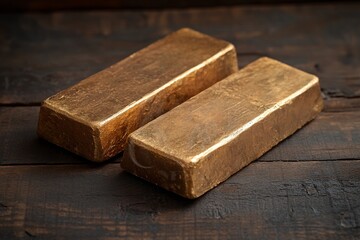 Two gold bars resting on a wooden surface, symbolizing wealth and investment.