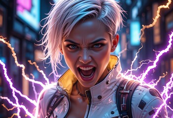 Fototapeta premium Angry Cyberpunk Woman in Neon Lit Alleyway. Generative AI