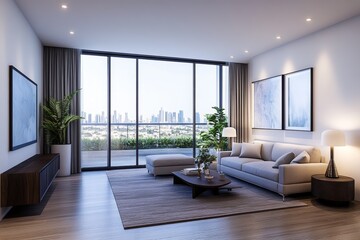 Modern living room with city view, featuring minimalist decor and natural light.