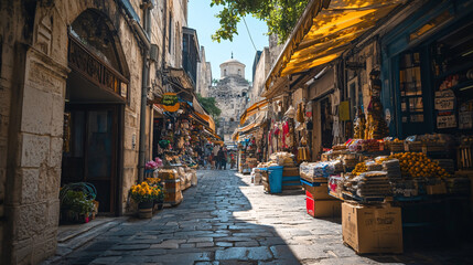 Fototapeta premium A street market near a historical monument, blending the old and new, where modern goods are sold against a backdrop of ancient architecture and cobblestone streets. 