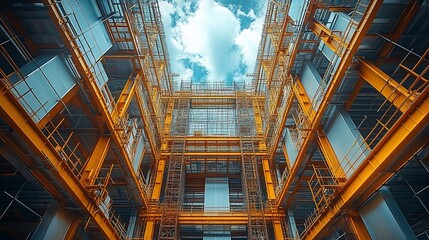 Fototapeta premium Yellow Steel Structure Under Construction Against Blue Sky