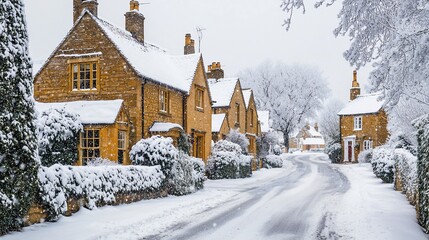 Snow covered charming village street, houses, winter scene.